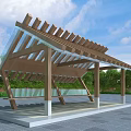 Modern Wooden Pergola with Sloped Roof and Glass Panels in Park with Green Plants