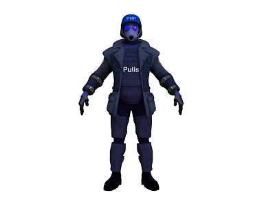 Man wearing dark blue uniform with Polizei blue helmet and face mask as police officer 3d model