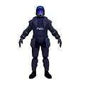 Man wearing dark blue uniform with Polizei blue helmet and face mask as police officer