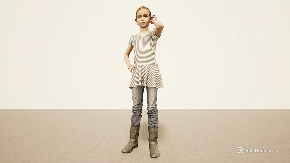 Woman In Striped Dress Jeans And Boots Standing Against Light Background With Hand On Head 3d model 