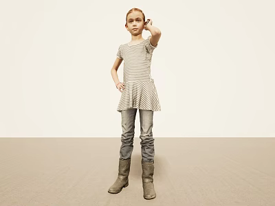 Woman In Striped Dress Jeans And Boots Standing Against Light Background With Hand On Head 3d model