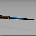 Fantasy Dagger with Orange Wrapped Grip and Blue Dynamic Light Trails on Reflective Surface