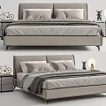 Modern Double Bed with Gray Upholstered Headboard Nightstands Table Lamp Bicycle Model and Vase