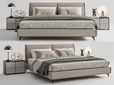 Modern Double Bed with Gray Upholstered Headboard Nightstands Table Lamp Bicycle Model and Vase 3d model
