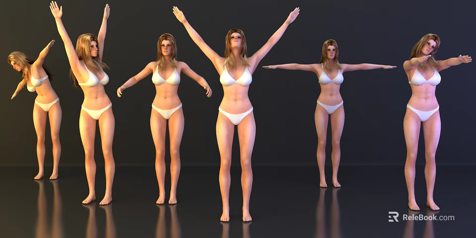 Women in White Bikini Standing with Different Poses on Black Background 3d model 