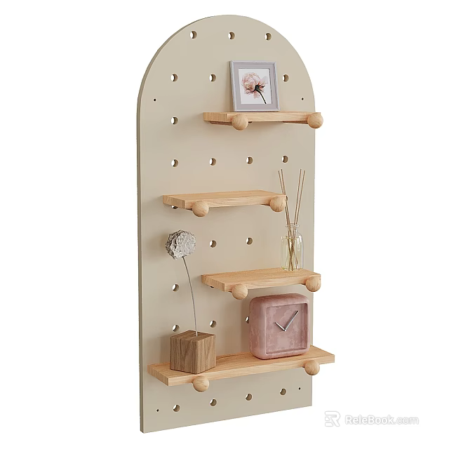 Minimalist Arched Wall Decor With Multiple Wooden Shelves And Ornaments 3d model 