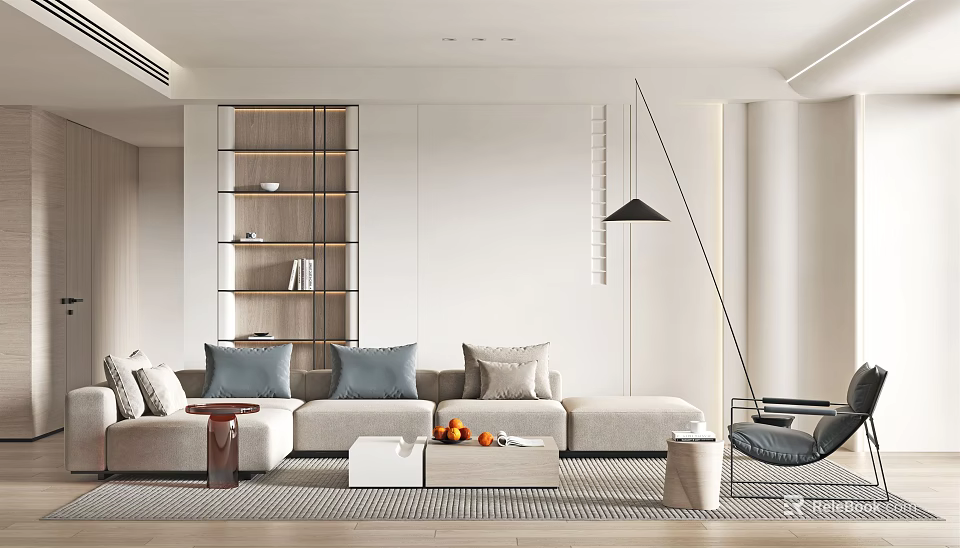 Modern Minimalist Living Room Interior With Sofa Coffee Table Bookshelf And Floor Lamp 3d model 