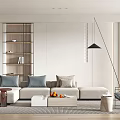 Modern Minimalist Living Room Interior With Sofa Coffee Table Bookshelf And Floor Lamp
