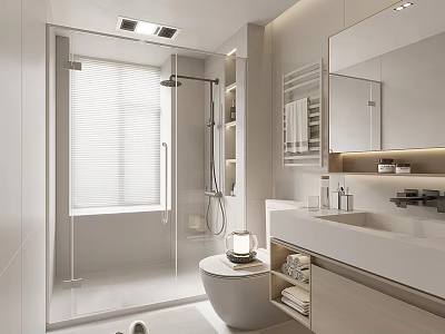 Modern Bathroom Interior With Shower Area Blinds Toilet Vanity Mirror And Storage 3d model