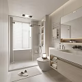 Modern Bathroom Interior With Shower Area Blinds Toilet Vanity Mirror And Storage