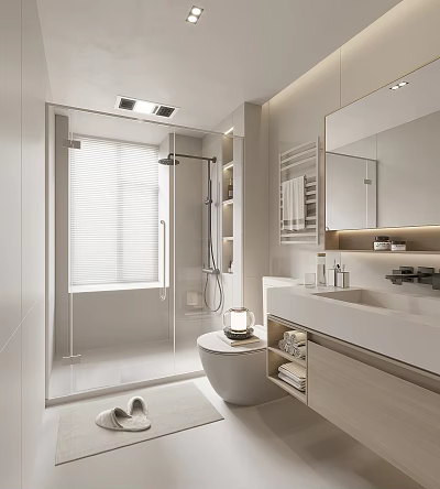 Modern Bathroom Interior With Shower Area Blinds Toilet Vanity Mirror And Storage 3d model