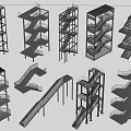 Various Modern Staircase Designs With Different Structural Styles And Metal Frames 3d model