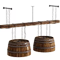 Rustic Wooden Barrel Chandeliers Hanging From Wooden Bar With Chains And Metal Brackets