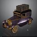 Classic Vintage Purple and Gold Car with Retro Design and Wooden Crate on Roof