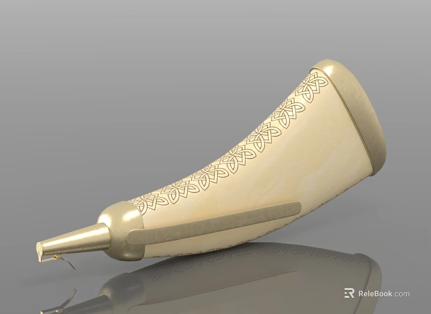 Ivory Colored Musical Horn With Intricate Carvings And Golden Trim 3d model 