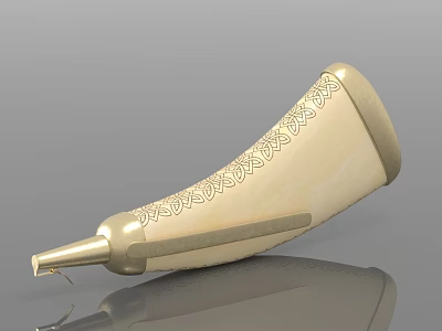Ivory Colored Musical Horn With Intricate Carvings And Golden Trim 3d model