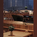 Modern Bar Interior Featuring Wooden Ceiling Cloud Pendant Lights Circular Screen And Warm Lighting