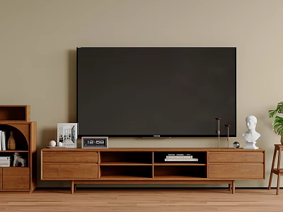 Natural Wood TV Stand In Living Room With Decorative Items And Beige Wall 3d model