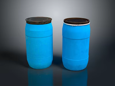 Two Blue Industrial Drums With Brown Lids And Smooth Surface On Dark Background 3d model