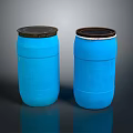 Two Blue Industrial Drums With Brown Lids And Smooth Surface On Dark Background