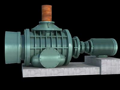 Industrial Motor Driven Compressor With Green Housing Orange Top And Concrete Base 3d model