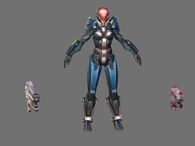 Sci Fi Game Character in Blue Black Armor Red Glowing Head Metallic Texture Small Mechanical Devices 3d model