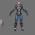 Sci Fi Game Character in Blue Black Armor Red Glowing Head Metallic Texture Small Mechanical Devices 3d model