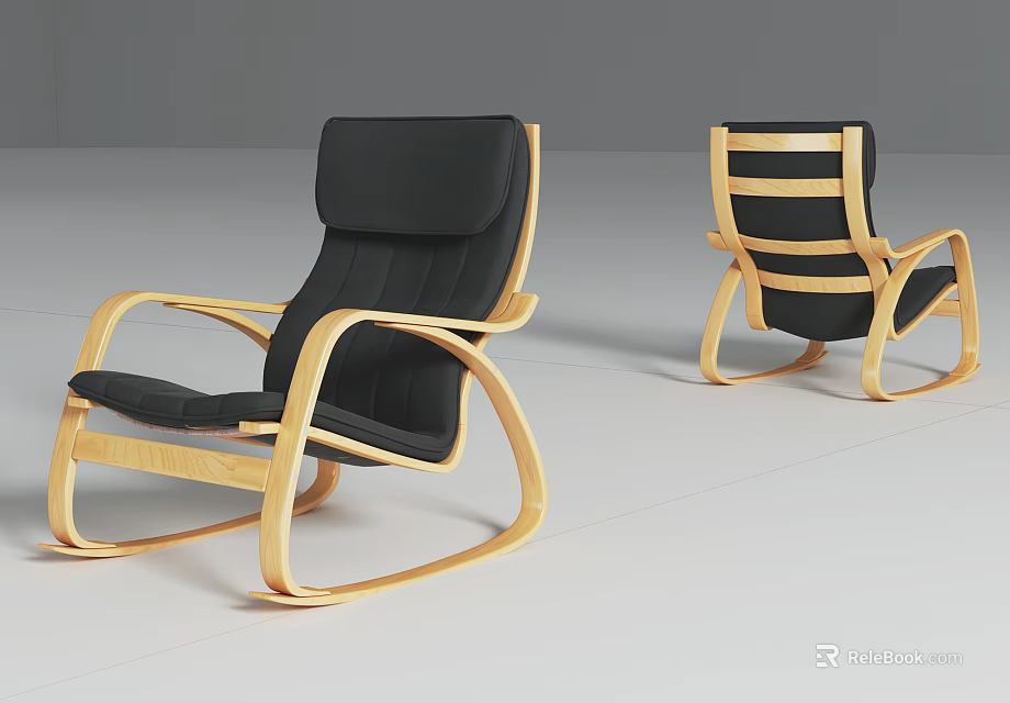 Modern Leisure Rocking Chair With Light Wooden Frame And Black Striped Cushion 3d model 