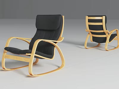 Modern Leisure Rocking Chair With Light Wooden Frame And Black Striped Cushion 3d model