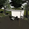 Tranquil Garden Landscape With Canopy Seating Trees Lush Grass And Flowers