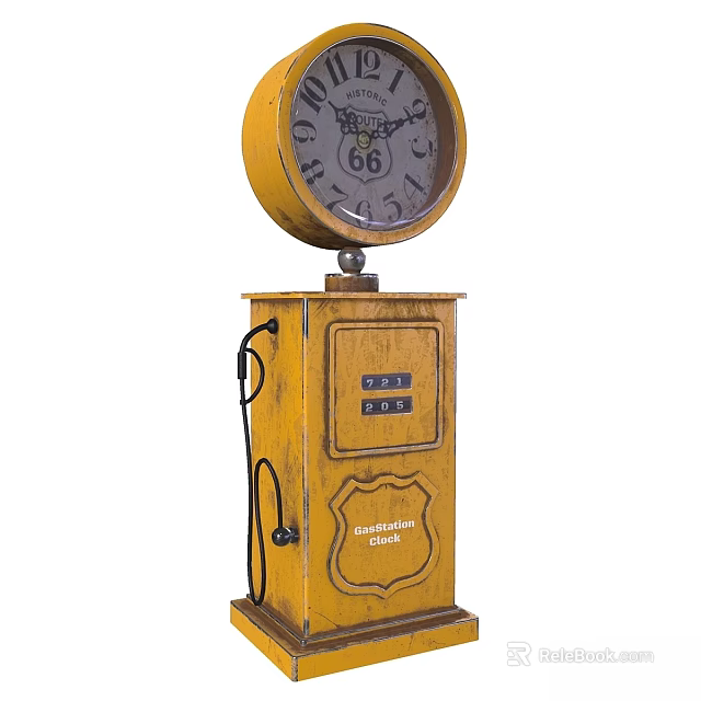 Vintage Yellow Clock with Route 66 Design and Gas Station Style Base 3d model 