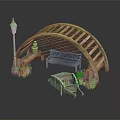 Miniature Wooden Arch Scene With Bench Street Lamp Small Boat And Plants