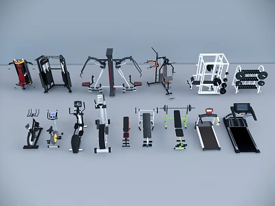 Various Sports Equipment for Fitness Workouts Including Treadmills Dumbbells and Multi Functional Trainers 3d model