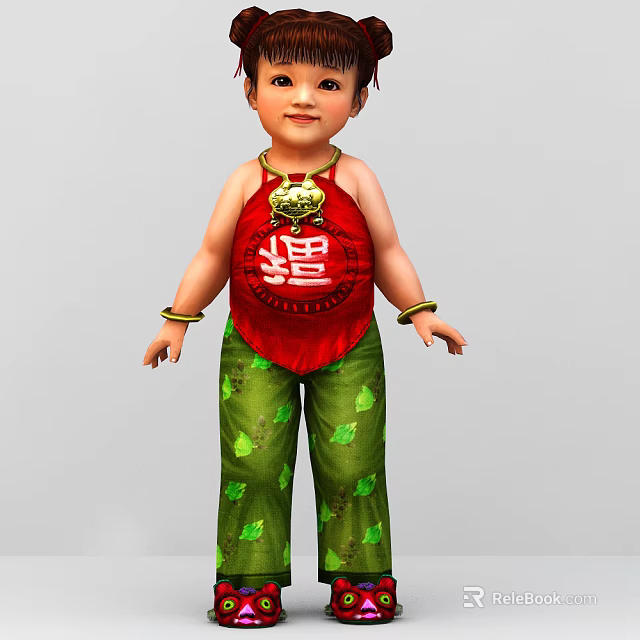 Woman in Red Belly Band with Golden Decoration Green Leaf Pattern Pants and Gold Bracelets 3d model 
