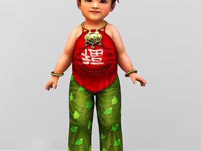 Woman in Red Belly Band with Golden Decoration Green Leaf Pattern Pants and Gold Bracelets 3d model