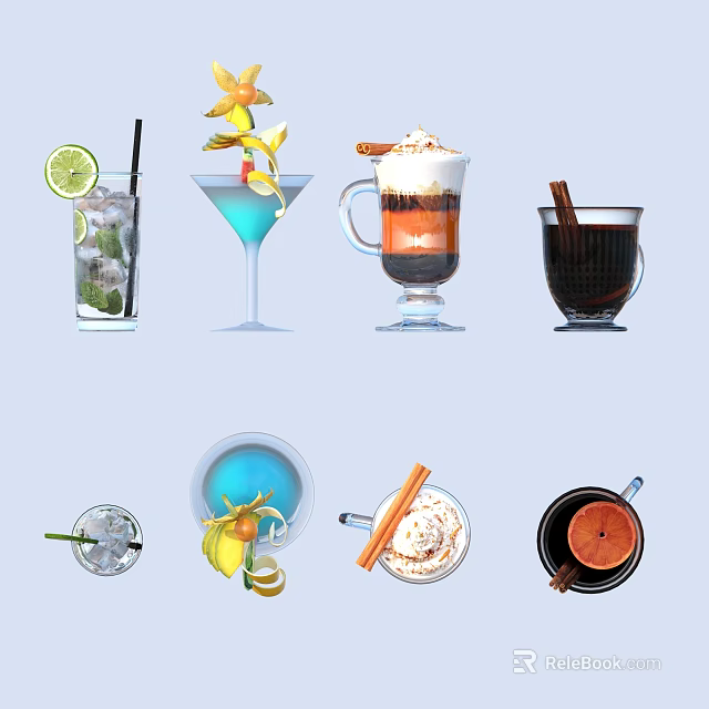 Assorted Beverages With Citrus Slices Fruit Garnishes Cream Toppings And Cinnamon Sticks 3d model 