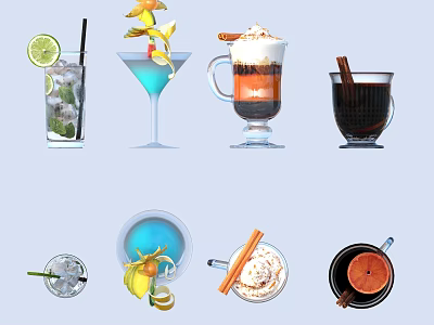 Assorted Beverages With Citrus Slices Fruit Garnishes Cream Toppings And Cinnamon Sticks 3d model