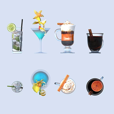 Assorted Beverages With Citrus Slices Fruit Garnishes Cream Toppings And Cinnamon Sticks 3d model