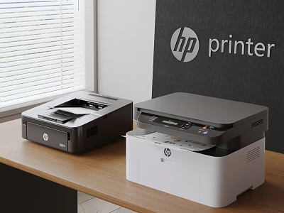 HP Office Appliances Two Printers Black And White Models On Desk 3d model