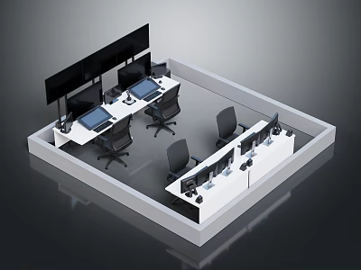 Modern Control Room Interior Design With Multiple Workstations Black Office Chairs And Monitors 3d model