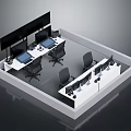 Modern Control Room Interior Design With Multiple Workstations Black Office Chairs And Monitors 3d model