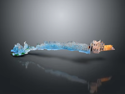 Suspended Building Model With Different Architectural Styles Artistic Assembly Gray Background And Reflection Below 3d model