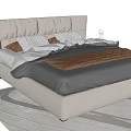 Modern Double Bed With Beige Upholstered Headboard Gray Bedding Nightstand And Table Lamp 3d model