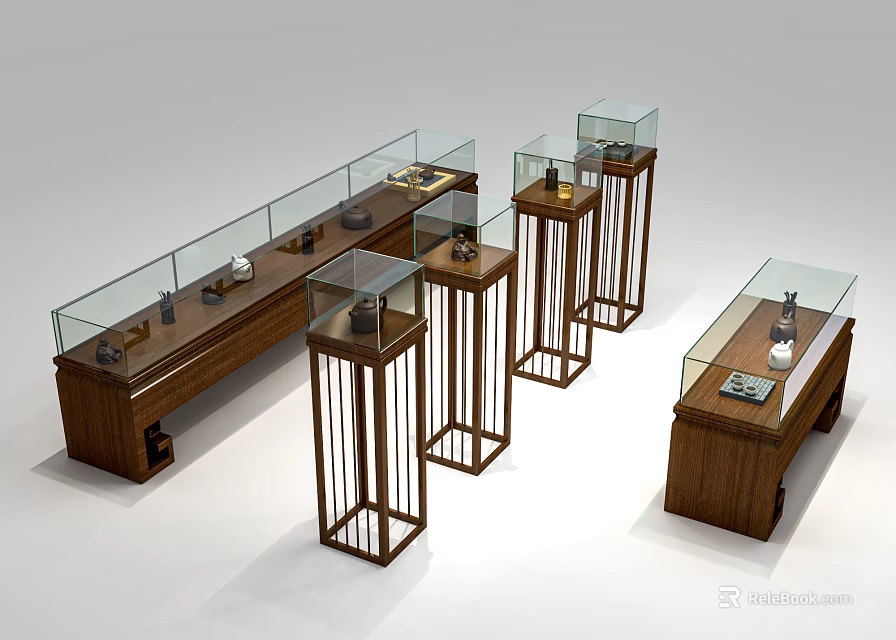 Wooden display cabinets and shelves with glass surfaces for retail display in various heights 3d model 