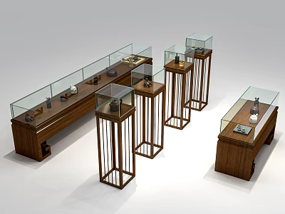 Wooden display cabinets and shelves with glass surfaces for retail display in various heights 3d model