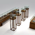 Wooden display cabinets and shelves with glass surfaces for retail display in various heights