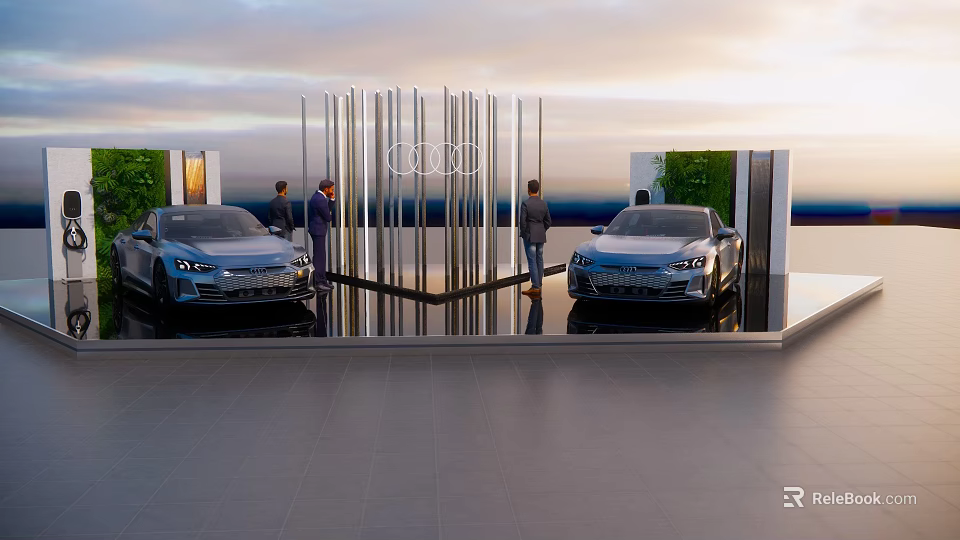 Audi Cars Display With Modern Metal Structure And People In Outdoor Setting 3d model 