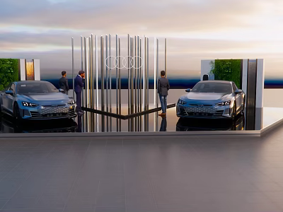 Audi Cars Display With Modern Metal Structure And People In Outdoor Setting 3d model