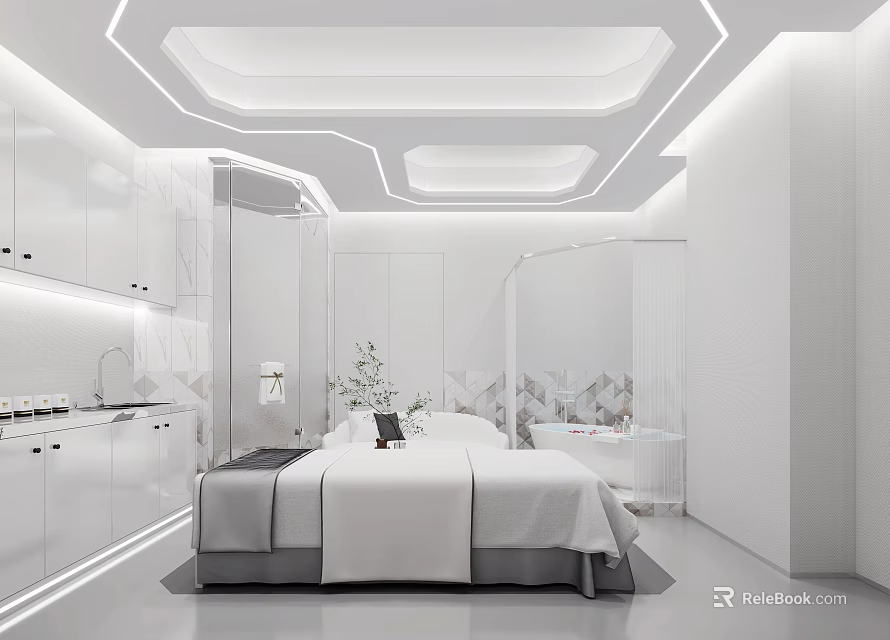 Modern SPA Sauna Interior With Luxurious Bathtub Comfortable Bed And Soft Lighting 3d model 