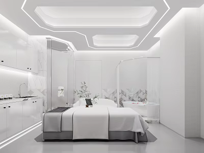 Modern SPA Sauna Interior With Luxurious Bathtub Comfortable Bed And Soft Lighting 3d model